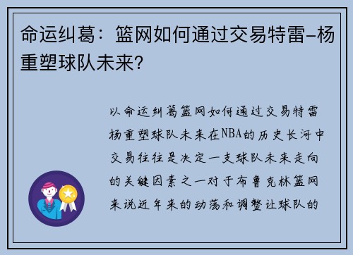 命运纠葛：篮网如何通过交易特雷-杨重塑球队未来？