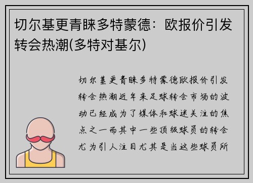 切尔基更青睐多特蒙德：欧报价引发转会热潮(多特对基尔)